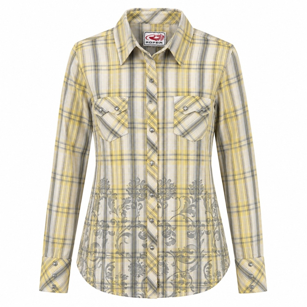 Roper Women's Western Snap Shirt L Yellow Gray Plaid Scroll Print Cotton